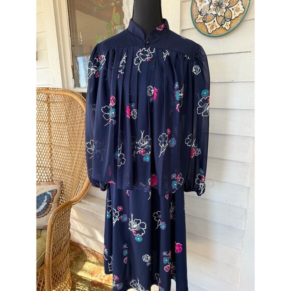 Vintage 70's MOD 2 Piece Dress Jacket Blue Pink Floral Size M Poly Knit - Picture 5 of 16